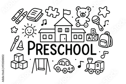 Preschool Doodle Collage. Preschool. Hand-drawn doodle illustration of preschool. In the middle, one slightly