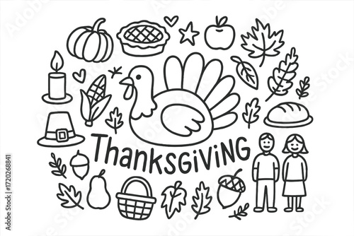 Thanksgiving Doodle Artwork. Thanksgiving. Hand-drawn doodle illustration of Thanksgiving. In the middle, one