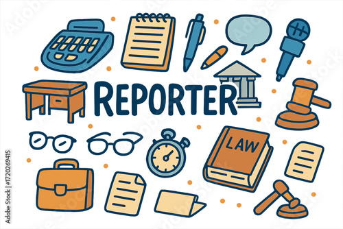 Reporter Doodle Montage. Reporter. Hand-drawn doodle illustration of Reporter. Stenograph machine, notepad,