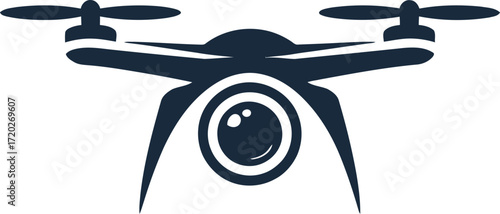 Drone with camera: A modern aerial photography concept. A simple, stylized graphic of a drone featuring a prominent camera lens.