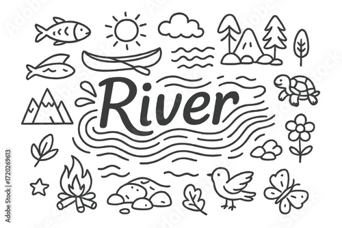 Doodle River Scene. River. Hand-drawn doodle illustration of a river. In the middle, one slightly larger