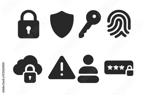 Digital Safety Icons. Digital safety. Filled icon set of Digital safety: lock, shield, password key,
