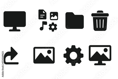 Organized Desktop Icons. Desktop cleanup. Filled icon set of Desktop cleanup: monitor, scattered icons,