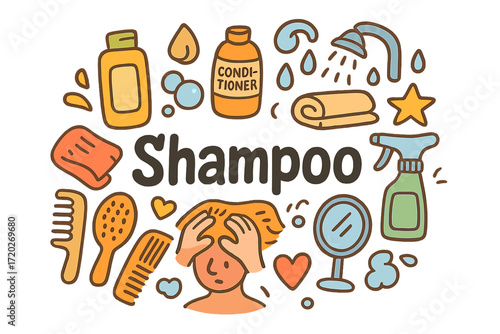 Shampoo Doodle Art. Shampoo. Hand-drawn doodle illustration of Shampoo. Shampoo bottle, conditioner, towel,