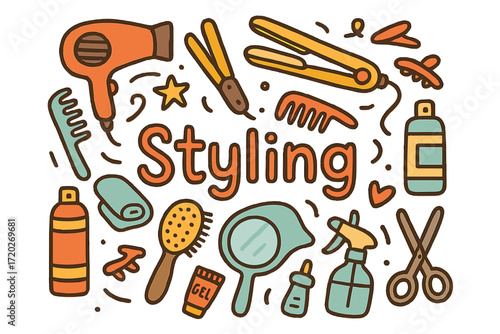 Styling Tools Doodle. Styling. Hand-drawn doodle illustration of Styling. Hairdryer, straightener, curling