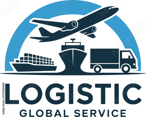 Global Logistics Service Logo Featuring Airplane, Ship, and Truck. This logo conveys global logistics services.