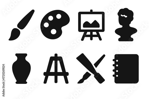 Art Tools Icon Set. Artistic expression. Filled icon set of Artistic expression: paintbrush, palette, canvas,