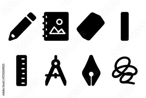 Drawing Tools Icons. Drawing. Filled icon set of Drawing: pencil, sketchbook, eraser, charcoal stick, ruler,