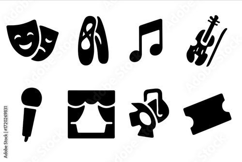 Performing Arts Icons. Performing arts. Filled icon set of Performing arts: theater masks, ballet shoes,