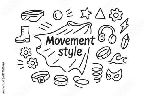 Dynamic Doodle Icons. Movement style. Hand-drawn doodle illustration of movement style. In the middle, one