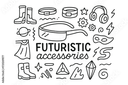 Futuristic Doodle Accessories. Futuristic accessories. Hand-drawn doodle illustration of futuristic