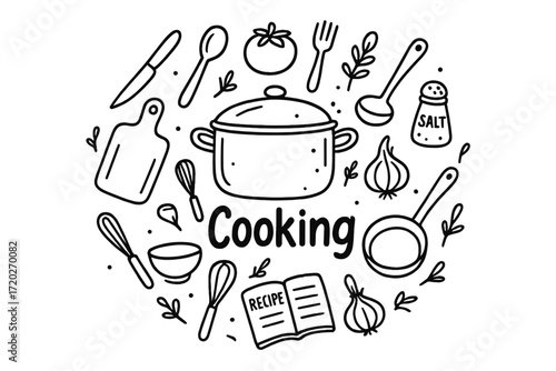Doodle Cooking Essentials. Cooking. Hand-drawn doodle illustration of Cooking. In the middle, one slightly