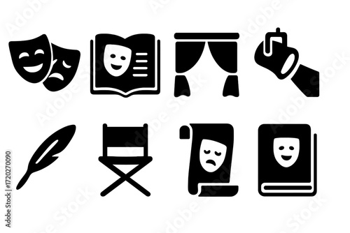 Theater Icon Set. Drama. Filled icon set of drama: theater masks, open script, stage curtain, spotlight, quill