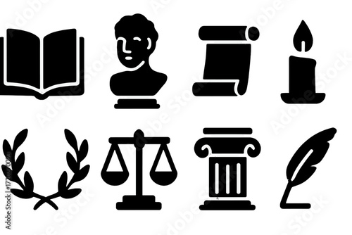 Philosophical Icons Set. Philosophy works. Filled icon set of philosophy works: open book, bust statue, scroll