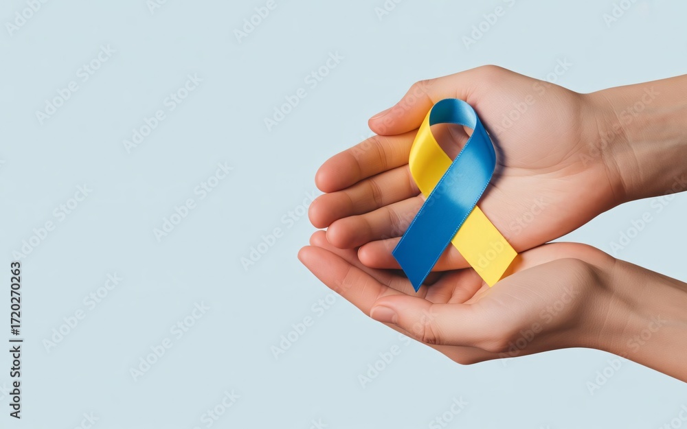 Fototapeta premium Hands holding a blue and yellow ribbon symbolizing support and awareness