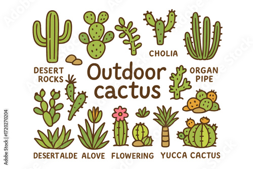 Outdoor Cactus Doodle. Outdoor cactus. Hand-drawn doodle illustration of outdoor cactus. Saguaro, prickly pear
