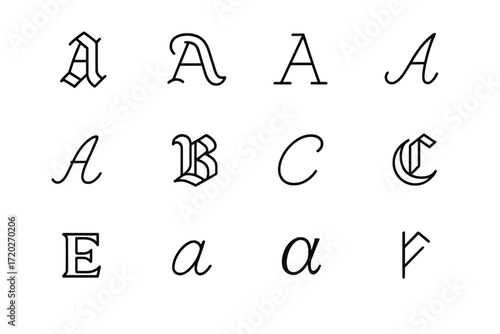 Historic Scripts Icons. Historic Scripts. Line outline icon set of Historic Scripts: gothic script, uncial