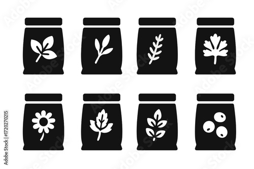 Herbal Packaging Icons. Herbal packaging. Filled icon set of herbal packaging: basil leaf, sage sprig, thyme