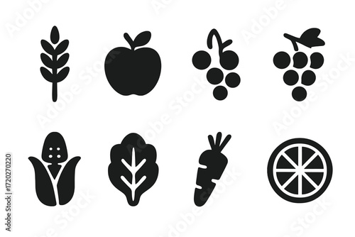 Natural Food Icons. Natural food packaging. Filled icon set of natural food packaging: wheat stalk, apple,