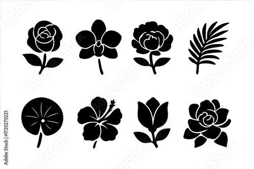 Luxury Botanical Icons. Luxury botanical packaging. Filled icon set of luxury botanical packaging: rose bloom,