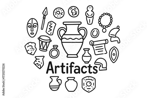 Doodle Artifact Collection. Artifacts. Hand-drawn doodle illustration of Artifacts. In the middle, one
