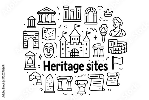 Heritage Doodle Art. Heritage sites. Hand-drawn doodle illustration of Heritage sites. In the middle, one