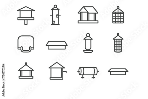 Bird Feeder Icons. Bird Feeder Types. Line outline icon set of Bird Feeder Types: platform feeder, tube feeder