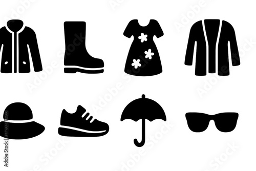 Spring Fashion Icons. Spring fashion. Filled icon set of spring fashion: light jacket, rain boots, floral
