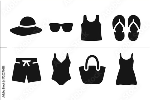 Summer Fashion Icons. Summer fashion. Filled icon set of summer fashion: sun hat, sunglasses, tank top, flip