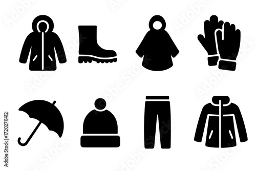 Rain and Snow Fashion. Rain and snow fashion. Filled icon set of rain and snow fashion: parka, waterproof
