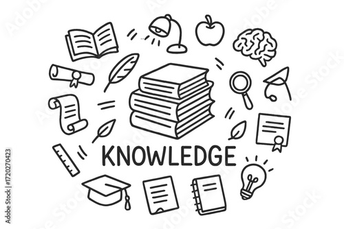 Doodle Knowledge Collage. Knowledge. Hand-drawn doodle illustration of Knowledge. In the middle, one slightly
