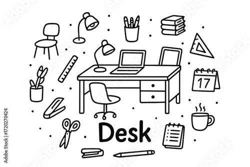 Doodle Desk Illustration. Desk. Hand-drawn doodle illustration of Desk. In the middle, one slightly larger