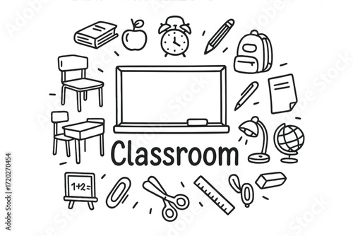 Classroom Doodle Icons. Classroom. Hand-drawn doodle illustration of Classroom. In the middle, one slightly