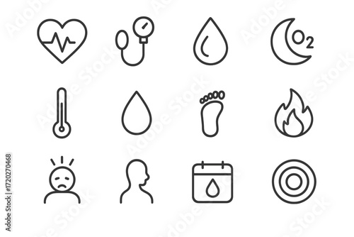 Health Tracker Icons. Health Tracking. Line outline icon set of Health Tracking: heart rate, blood pressure,