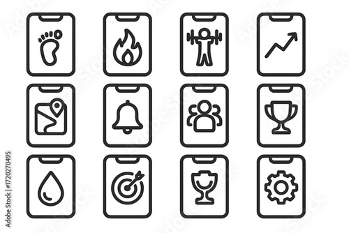 Mobile Fitness Icons. Mobile Fitness Apps. Line outline icon set of Mobile Fitness Apps: step counter app,