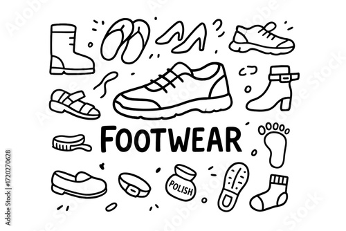 Doodle Footwear Collection. Footwear. Hand-drawn doodle illustration of Footwear. In the middle, one slightly