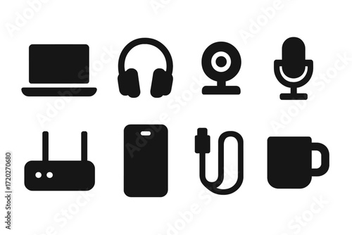 Remote Work Essentials. Remote work essentials. Filled icon set of remote work essentials: laptop, headphones,