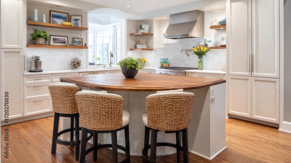 Fototapeta premium soft country contemporary kitchen full view, creamy matte cabinets, wood island with rounded corners, open shelves, woven bar stools, soft daylight