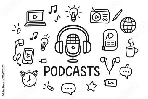 Podcast Doodle Art. Podcasts. Hand-drawn doodle illustration of Podcasts. In the middle, one slightly larger