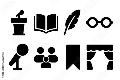 Literary Event Icons. Literary event. Filled icon set of literary event: podium, open book, feather quill,