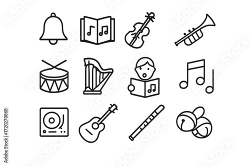 Holiday Music Icons. Holiday Music. Line outline icon set of Holiday Music: bell, carol book, violin, trumpet,