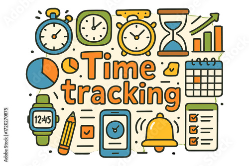 Time Management Doodles. Time tracking. Hand-drawn doodle illustration of time tracking. Stopwatch, timer,