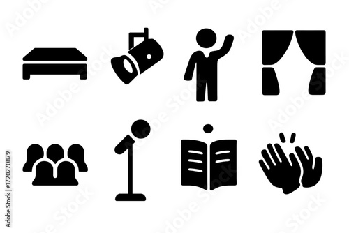 Stage Performance Icons. Stage performance. Filled icon set of stage performance: stage platform, spotlight,