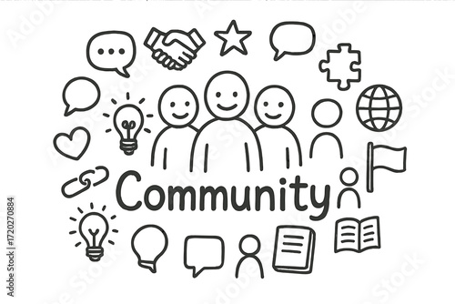 Doodle Community Circle. Community. Hand-drawn doodle illustration of Community. In the middle, one slightly