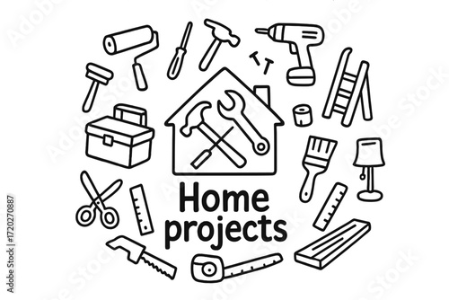 Home DIY Doodles. Home projects. Hand-drawn doodle illustration of Home projects. In the middle, one slightly