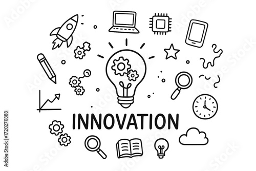 Innovation Doodle Art. Innovation. Hand-drawn doodle illustration of Innovation. In the middle, one slightly