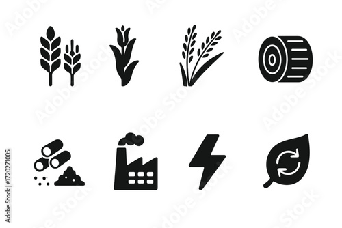 Agricultural Biomass Icons. Agricultural biomass. Filled icon set of agricultural biomass: wheat stalks, corn
