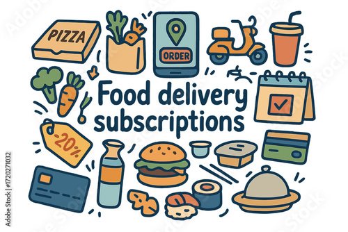 Food Delivery Doodles. Food delivery subscriptions. Hand-drawn doodle illustration of food delivery