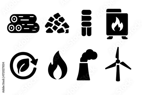 Forest Biomass Icons. Forest biomass. Filled icon set of forest biomass: tree logs, wood chips, pellet fuel,