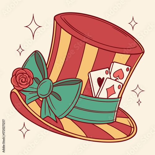 Vector art of a whimsical top hat adorned with a teal bow and rose, featuring playing cards peeking out, set against a warm, speckled background with sparkling stars